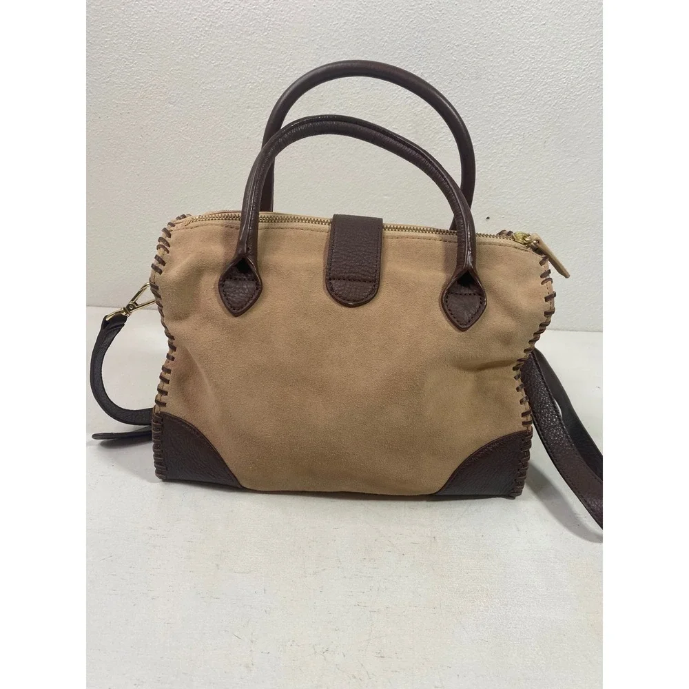 Talbots Tan Suede Brown Leather Whipstitch Tassel Satchel Crossbody Bag Purse